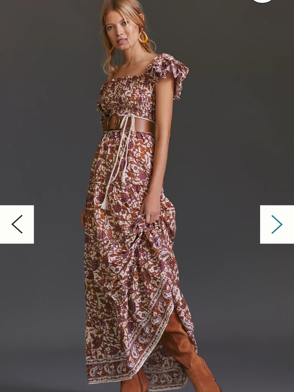 Anthropologie Brown Floral Maxi Dress with Ruffle Sleeve